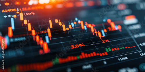 Creative growing colorful candlestick forex chart on blue grid backdrop. Financial growth and stock concept. 3D Rendering.