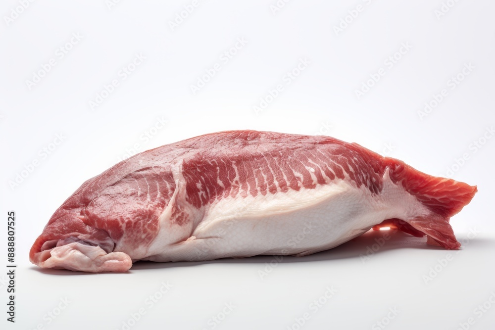 raw piece of pork meat displayed on a white background, showcasing its texture and freshness, perfect for culinary purposes raw piece of pork meat displayed on a white background, showcasing its texture and freshness, perfect for culinary purposes