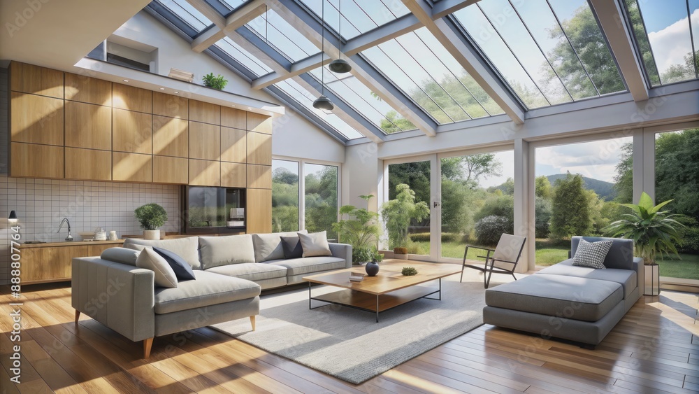 A modern smart home with solar panels on the roof and energy-efficient appliances in a tidy living room interior. A modern smart home with solar panels on the roof and energy-efficient appliances in a tidy living room interior.
