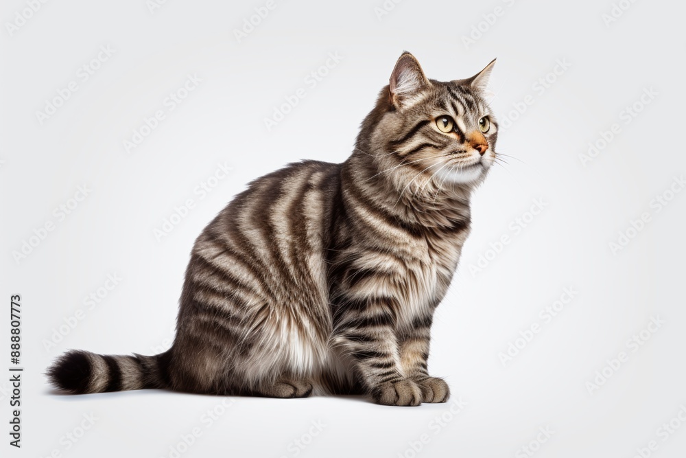 striped tabby cat sits gracefully against a plain white background, showcasing its beautiful fur pattern and calm demeanor striped tabby cat sits gracefully against a plain white background, showcasing its beautiful fur pattern and calm demeanor