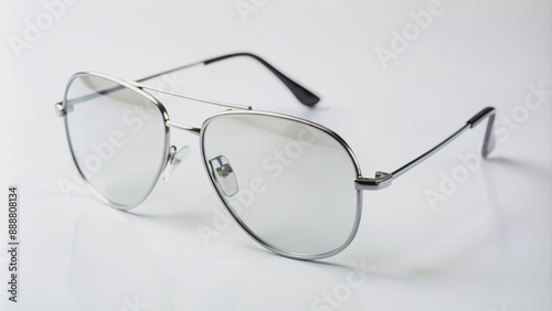 Stylish, sleek, silver-framed, teardrop-shaped, trendy, reflective, eyewear accessory rests isolated on a clean, pure, minimalist, white, studio, background surface.