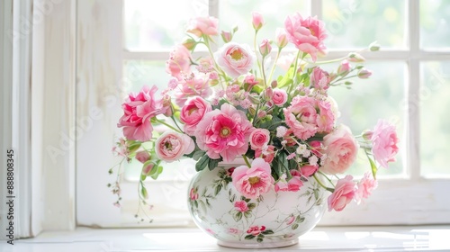 Pink flower bouquet in vintage porcelain vase with floral design Rustic floral decor in bright white setting