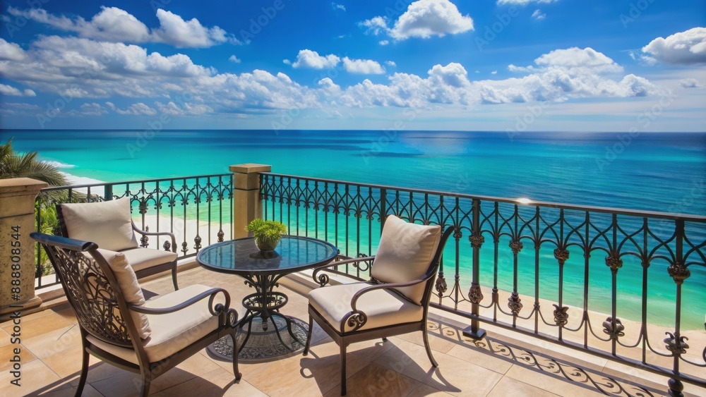 Fototapeta premium Exquisite balcony adorned with ornate railings and lavish furnishings overlooks radiant turquoise ocean waters and horizon under serene sky.
