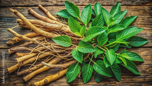 Vibrant green Ashwagandha leaves surround dried rustic roots of the Withania Somnifera plant on a natural earthy background.