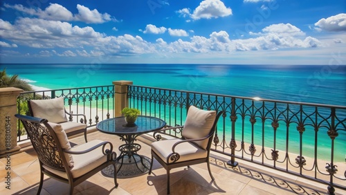 Exquisite balcony adorned with ornate railings and lavish furnishings overlooks radiant turquoise ocean waters and horizon under serene sky.