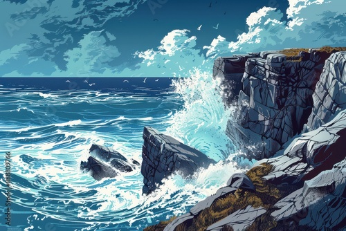 Ocean waves crashing against rocky cliffs on a sunny day photo