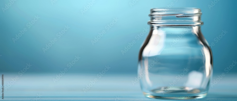 A clear glass jar holding water rests on a brown wooden table Behind is a vague, blue-and-white backdrop A clear glass jar holding water rests on a brown wooden table Behind is a vague, blue-and-white backdrop