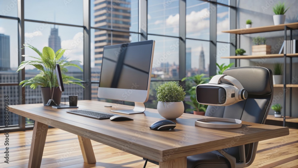 Fototapeta premium Futuristic virtual reality headset and sleek computer terminal sit atop polished wooden desk amidst modern office's sleek, minimalist decor.