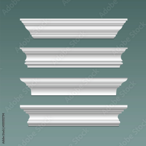 Classic cornice molding set isolated on background. Vector realistic illustration of antique architecture decoration, luxury home interior design, plastic or wooden element for ceiling, floor design photo