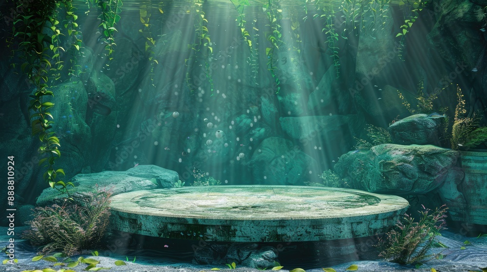 Aquatic podium with seaweed and stone background, highlighting products in a serene underwater setting. Aquatic podium with seaweed and stone background, highlighting products in a serene underwater setting.