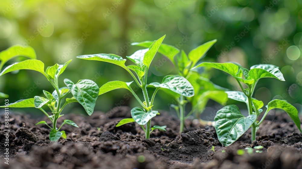 Planting organic pepper seedlings in garden beds with selective focus Home gardening and horticulture banner Planting organic pepper seedlings in garden beds with selective focus Home gardening and horticulture banner