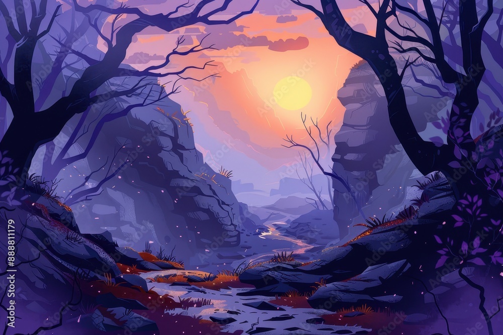 Mystical sunset over misty mountain valley with river flowing through Mystical sunset over misty mountain valley with river flowing through