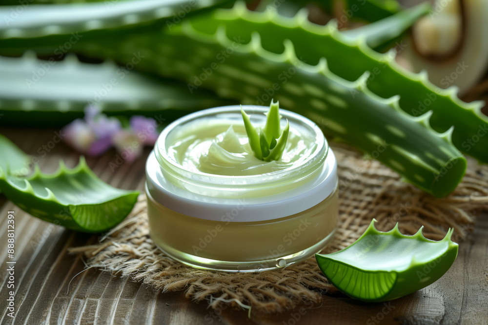 Cream with aloe vera on a wooden background. Moisturizing and skin care Cream with aloe vera on a wooden background. Moisturizing and skin care