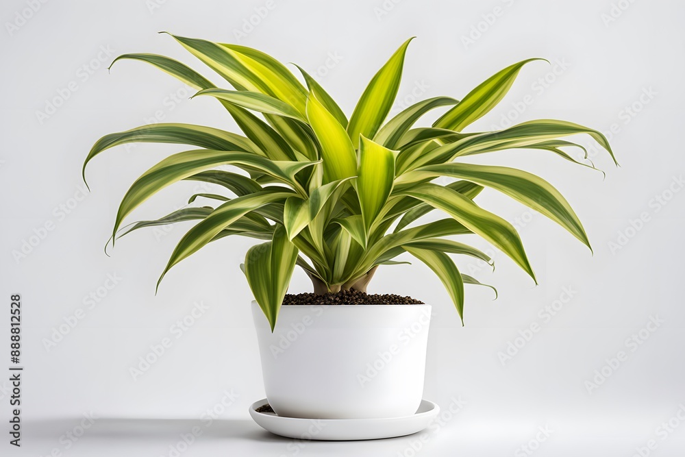Dracaena fragrans lemon lime plant in white pot white background, Ai Generated