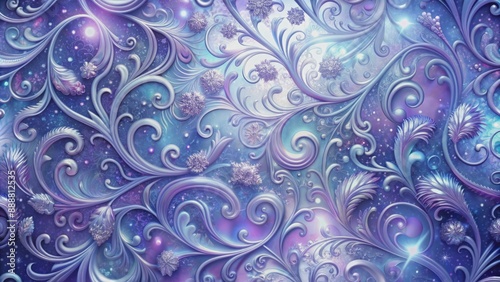 Elegant abstract pattern featuring soft focus bluish purple hues intertwined with silver swirls and subtle shimmering textures.