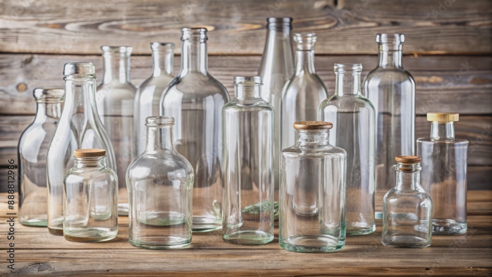 Transparent glass bottles with narrow necks and rounded bodies arranged on a rustic wooden table against a soft white background Transparent glass bottles with narrow necks and rounded bodies arranged on a rustic wooden table against a soft white background