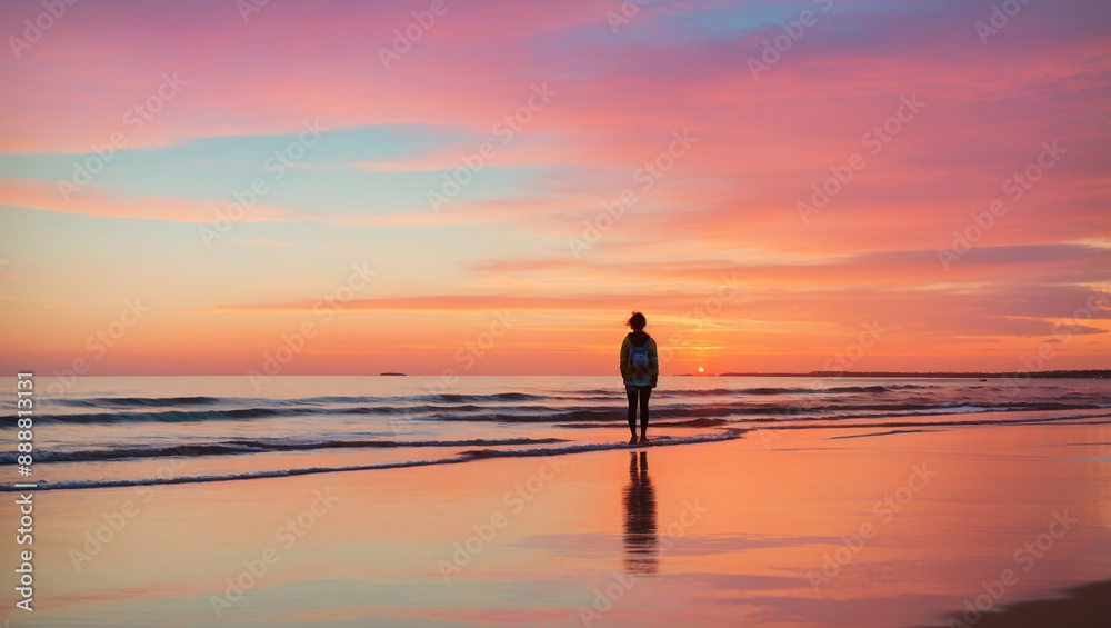  lone woman stands on a beach at sunset, facing the ocean. The sky is a vibrant mix of pink, orange, and blue.