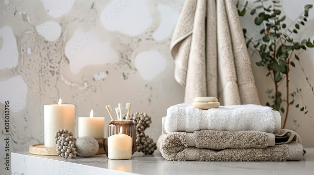 Luxury spa bathroom setup with towels, candles, and a serene white background for relaxation. Luxury spa bathroom setup with towels, candles, and a serene white background for relaxation.
