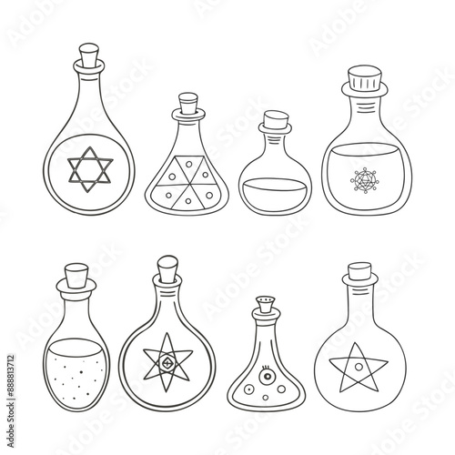 Set of bottles and flask with magic potions. Doodle hand drawn stylized. Vector illustration