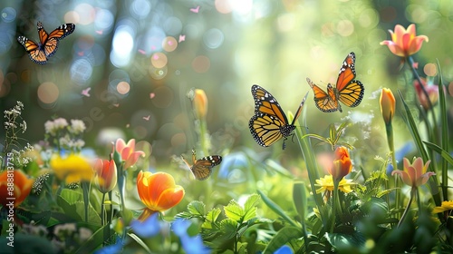 Lush spring garden with flowers and butterflies, capturing the essence of nature's beauty.