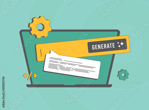 Train generative AI models using big data in machine learning. AI content creation with AI-powered assistants for writing articles, artificial intelligence code generation. Flat vector illustration