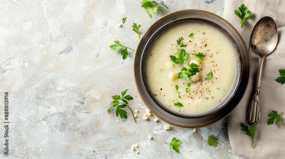 Vegan cauliflower soup in a bowl on light background top view with space for text Vegan cauliflower soup in a bowl on light background top view with space for text