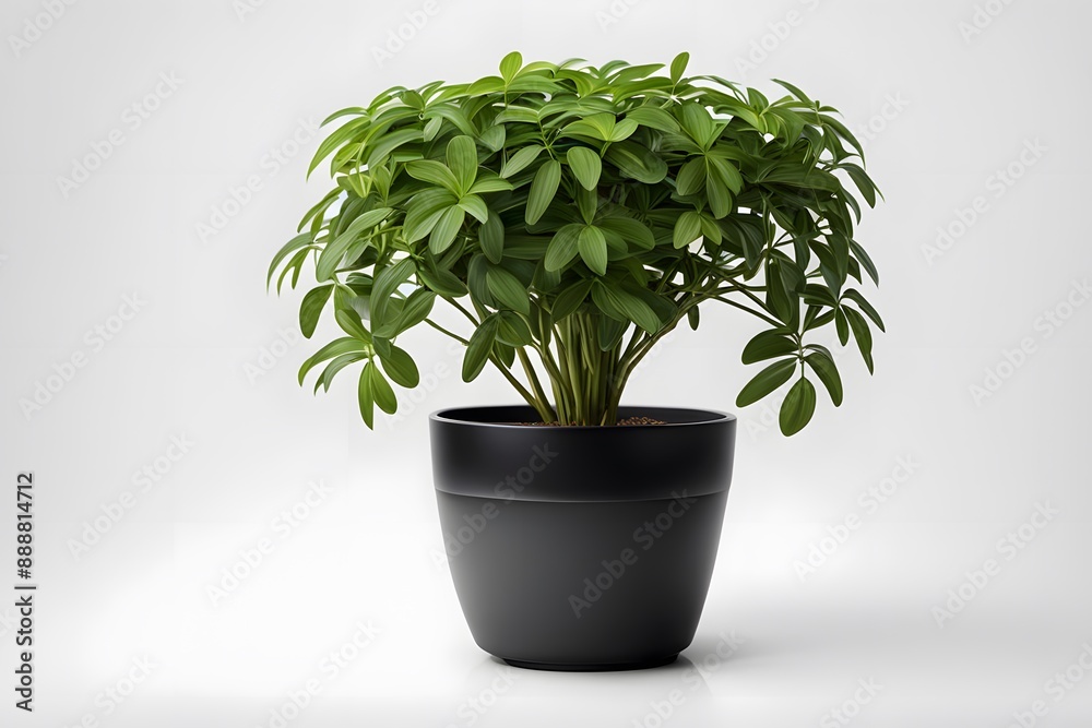 Fototapeta premium Dwarf umbrella plant in white pot white background, AI Generated