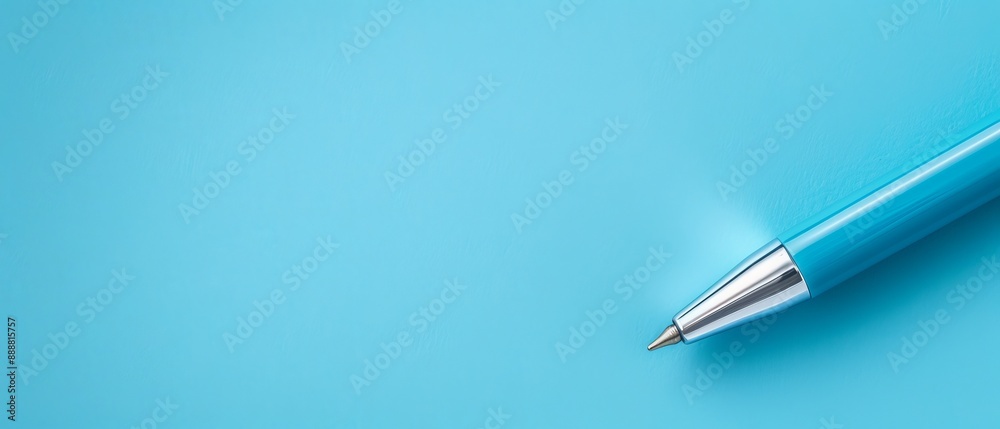 A blue pen, its tip protruding from, rests atop a blue surface A blue pen, its tip protruding from, rests atop a blue surface