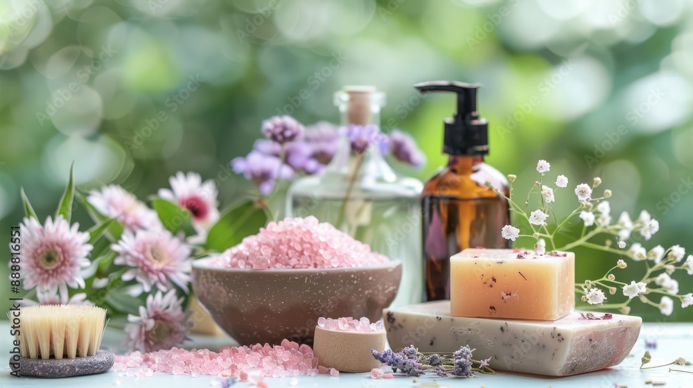 Spa kit with natural products on table featuring soap liquid and pink salt Spa kit with natural products on table featuring soap liquid and pink salt