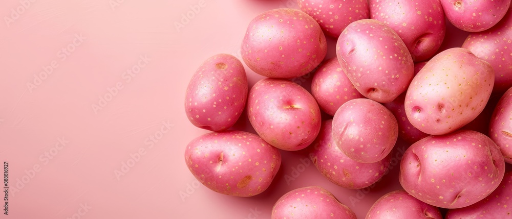 A pile of pink potatoes rests atop a pink surface, adorned with golden flecks sprinkled over them A pile of pink potatoes rests atop a pink surface, adorned with golden flecks sprinkled over them