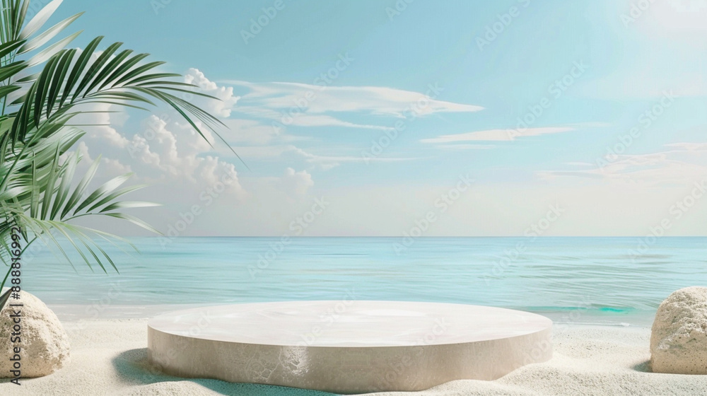 podium on the beach, summer beach background, product presentation stage podium on the beach, summer beach background, product presentation stage