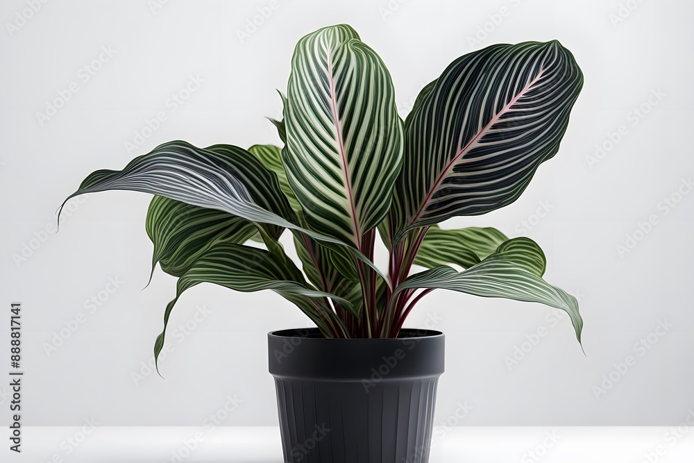 Fototapeta premium Pinstripe calathea plant in white pot white background