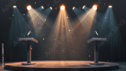 speech podium, Debate stage for political election, talk show stage with microphone, spotlight over the stage