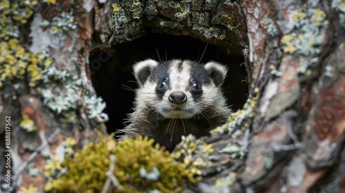 Native European Badger in Natural Setting Peeking Out from Den photo