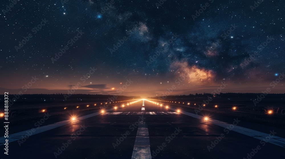 Illuminated runway under star-filled night sky with breathtaking Milky Way galaxy in background, creating a mesmerizing and serene atmosphere. Illuminated runway under star-filled night sky with breathtaking Milky Way galaxy in background, creating a mesmerizing and serene atmosphere.