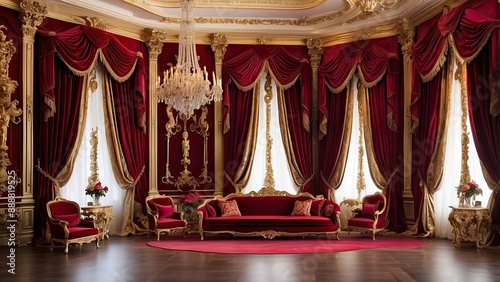 Elegant opulent interior setting features floor-to-ceiling crimson velvet drapes adorned with ornate gold holders and lavish foldback drapery accents. photo