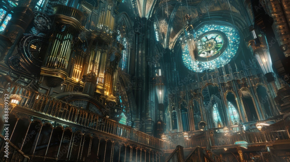 Obraz premium Stunning photo of a grand cathedral with ornate architectural details, stained glass windows, and majestic interior lighting.