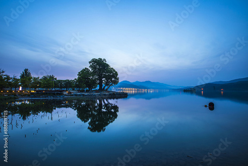 Dawn view of Dumulmeori with zelkova tree and reflection on the water of Bukhan River in spring at Yangsu-ri near Yangpyeong-gun, South Korea
 photo