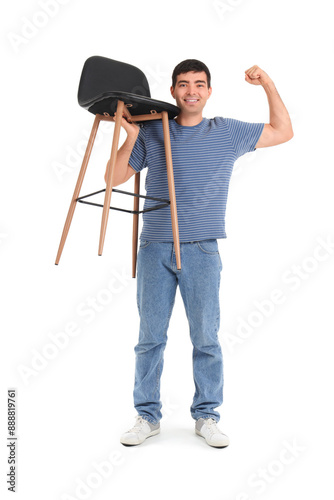 Young man with stool showin...