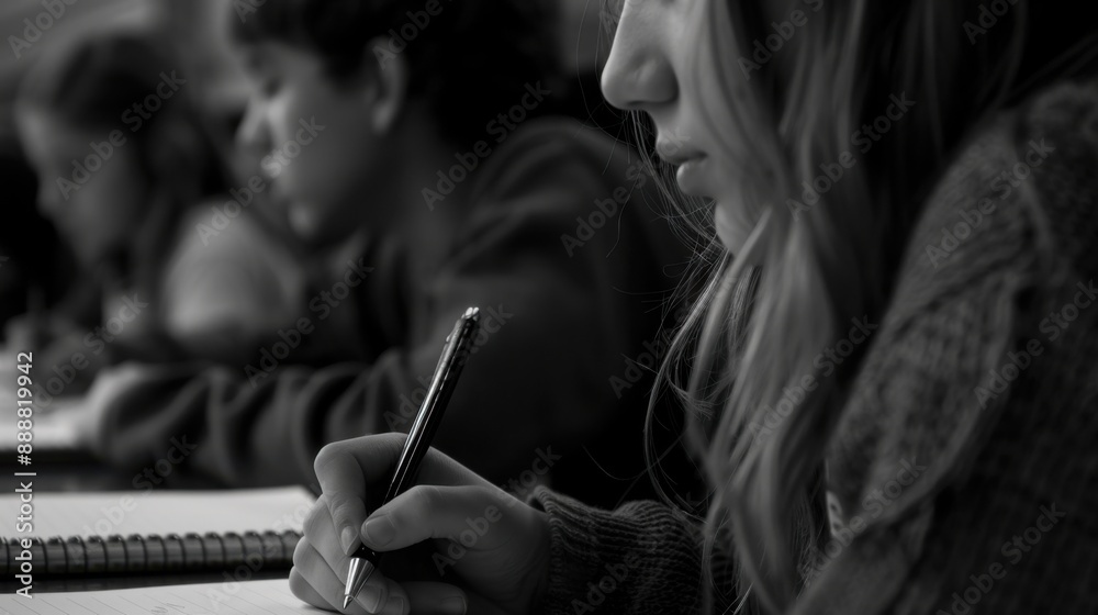 Obraz premium Black and white photo of students focused on writing in class, emphasizing concentration and learning.
