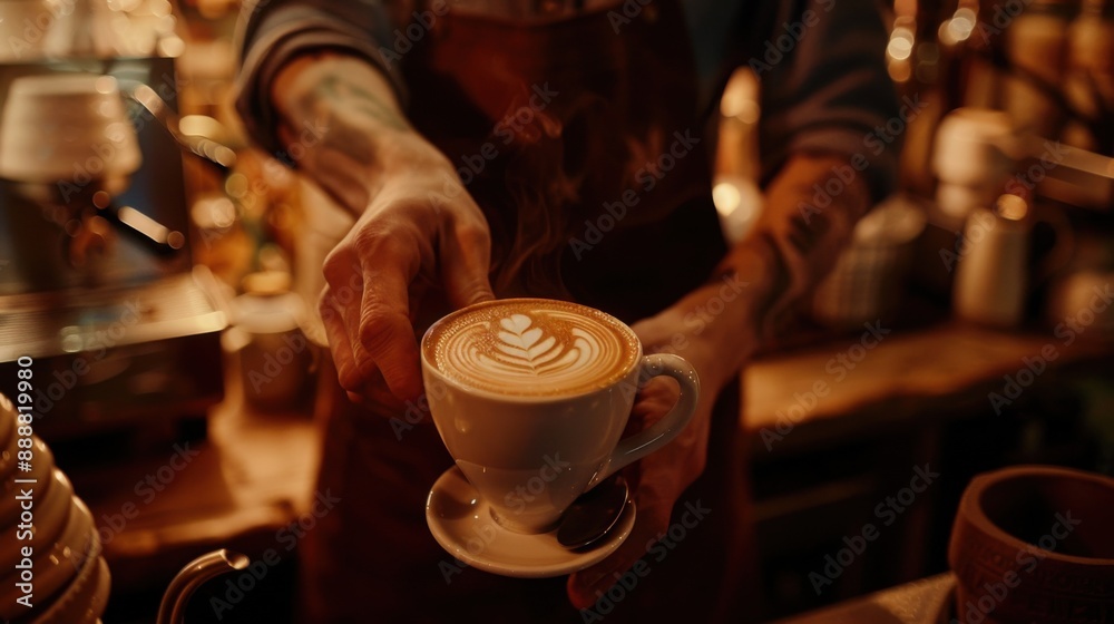 Barista serving beautifully crafted latte art in a cozy coffee shop, capturing the warm ambiance and intricate design of the coffee topping. Barista serving beautifully crafted latte art in a cozy coffee shop, capturing the warm ambiance and intricate design of the coffee topping.