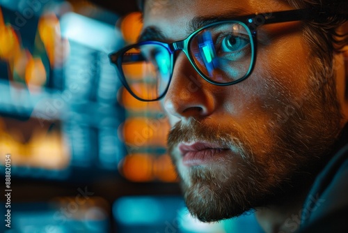 Intense Financial Analyst Monitoring AI Stock Market Analysis on Multiple Screens in Vibrant Office Setting with Dynamic Lighting