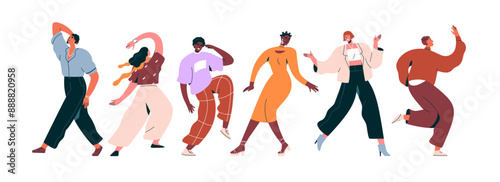 Dancing people set. Happy joyful cheerful men, women at disco party, club. Modern male and female characters moving to music at discotheque. Flat vector illustration isolated on white background