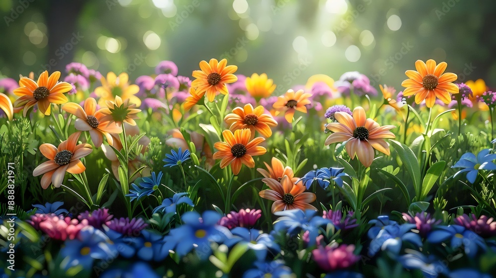 A field of flowers with a bright orange and blue color scheme A field of flowers with a bright orange and blue color scheme