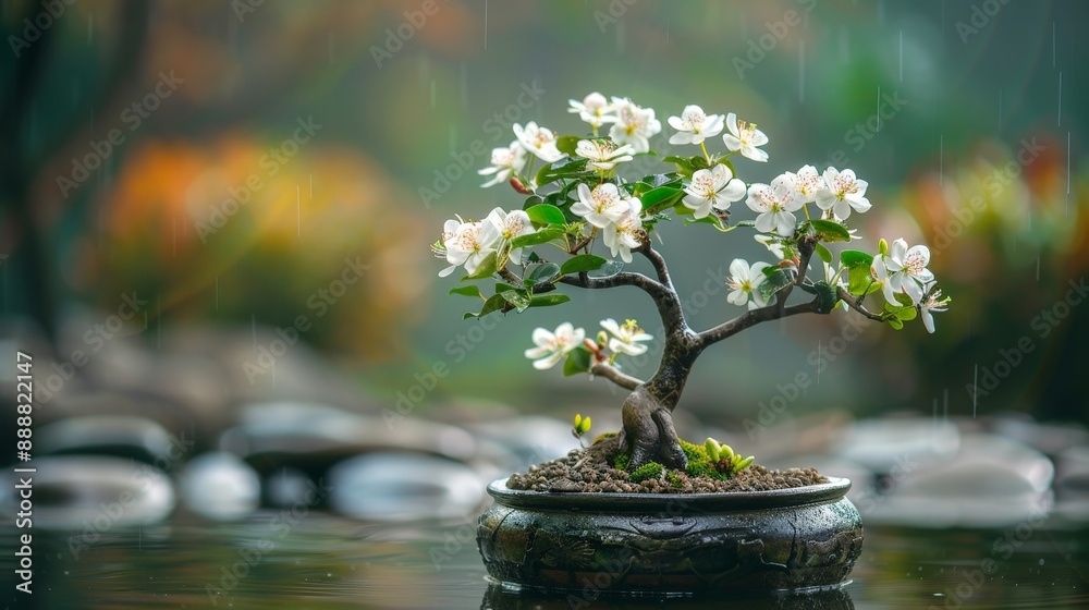 Graceful lily bonsai tree with white flowers in a serene water garden Graceful lily bonsai tree with white flowers in a serene water garden