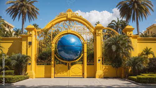 A large, ornate yellow gate with a blue sphere in the center, surrounded by palm trees and a yellow wall.

