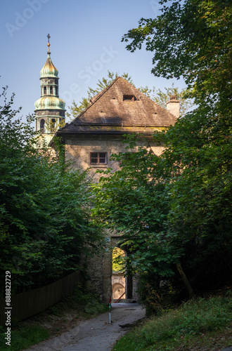 The Mulln Parish Church on the hill near Salzach river in Salzburg, Austria photo