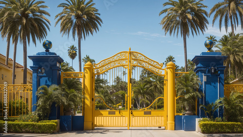 A large, ornate yellow gate with a blue sphere in the center, surrounded by palm trees and a yellow wall.

