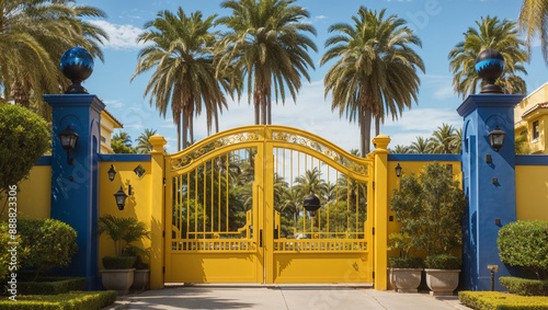 A large, ornate yellow gate with a blue sphere in the center, surrounded by palm trees and a yellow wall.

