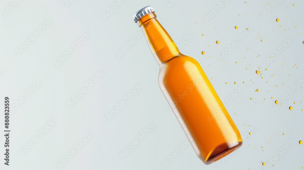 Fototapeta premium A full glass beer bottle floating with yellow droplets against a white background.